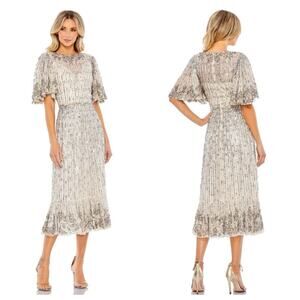 Mac Duggal Women's Nude Silver Sequined Flounce Sleeve Midi Dress Size 6 NWT